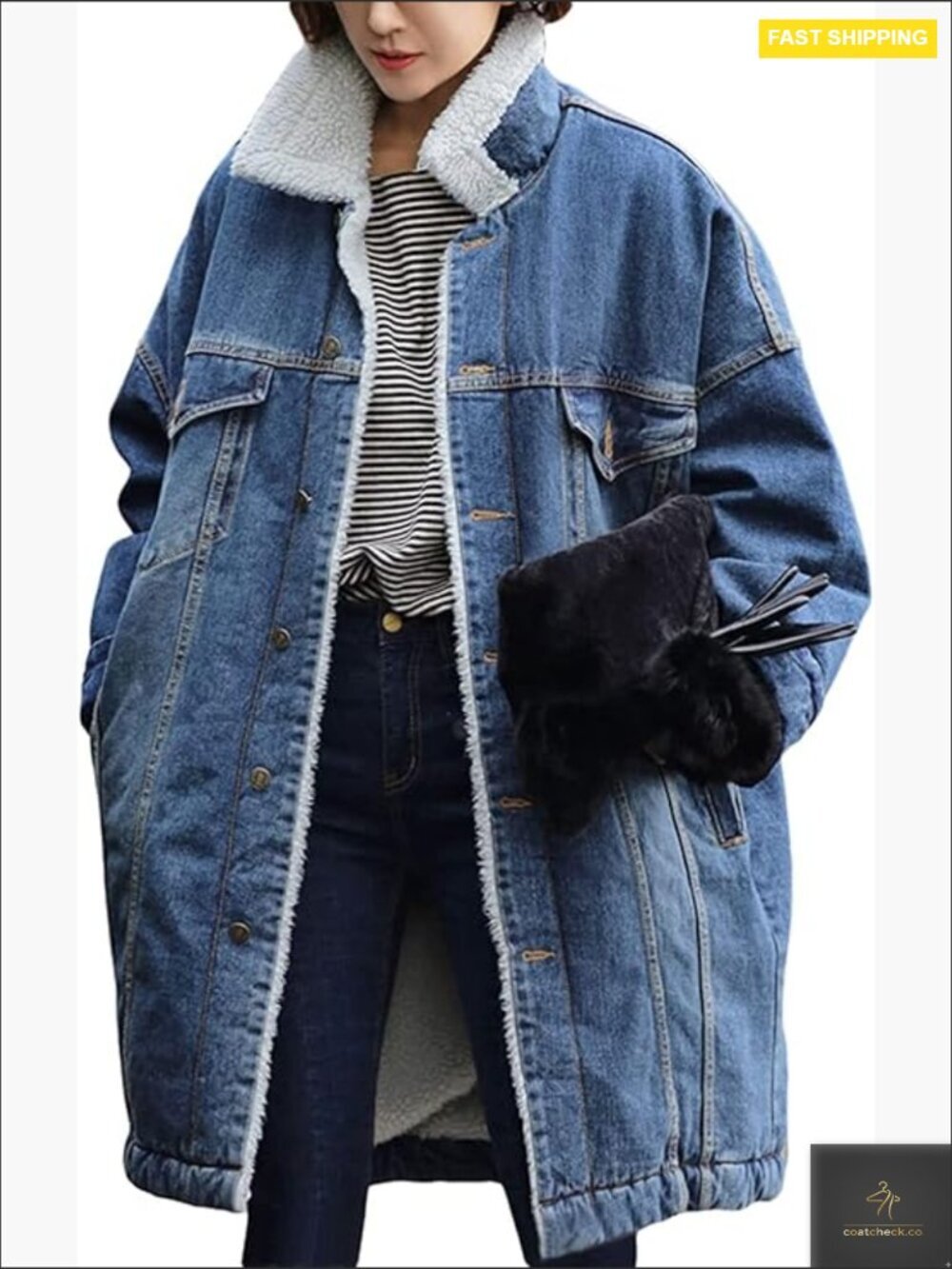 Thick Fleece Lined Button Down Mid Long Quilted Denim Jacket Overcoat Vintage